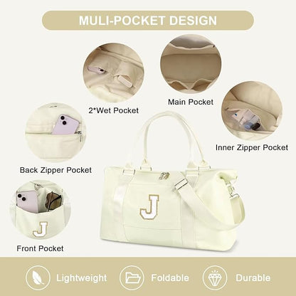 Dance Gym Duffel Bag for Teen Girls, Personalized Initial Travel Weekender Bag,Cute Overnight Carry On Duffle for Women,Sports Travel Cheer Bag,Monogram Christmas Gifts for Tween Preppy(beige-J)