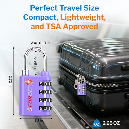 Forge Dual-Opening: Key or Combination Lock, TSA Approved Lock for Luggage, Pelican case, Travel, Gym, School, Luggage Combination Lock, Travel Bag Lock (Purple 2 Pk)