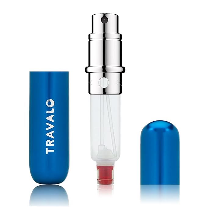 Travalo Classic HD Perfume Atomizer - Leak-Proof and TSA Approved for Air Travel - Reusable, Airtight, Easy-Fill Mini Pump Sprayer - Lightweight, Elegant Design w/Volume Window - Blue - 0.17oz