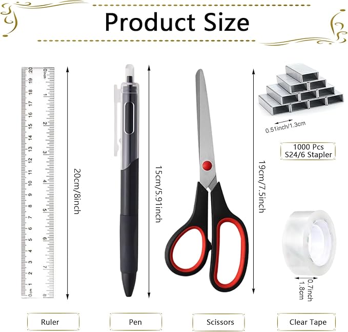 Office Supplies,Desk Accessories,Stapler and Tape Dispenser Set,1000 Staples,Staple Remover,Pen Holder,Folding Phone Holder,Journal Notebook,Ballpoint Pen,Scissor,Ruler,Clear Tape,Sticky Notes,Ect