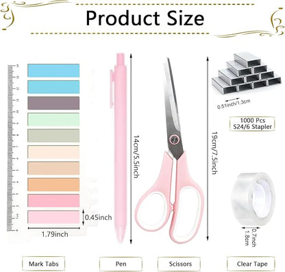 Office Supplies,Desk Accessories, Stapler and Tape Dispenser Set for Women with Stapler, Tape Dispenser, Staple Remover, Staples, Clips, Scissor and Tabs,Gift for Students, Coworkers