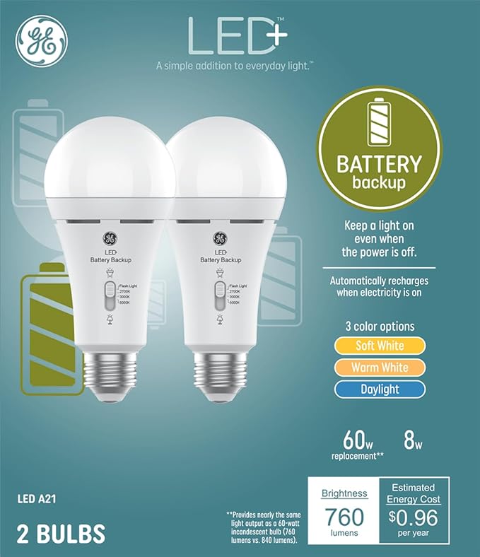 GE LED+ Backup Battery LED Light Bulbs, A21 Rechargeable Light Bulbs for Power Outages and Emergencies, Flashlight, 3 Color Temperatures (2 Pack)
