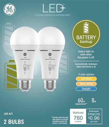 GE LED+ Backup Battery LED Light Bulbs, A21 Rechargeable Light Bulbs for Power Outages and Emergencies, Flashlight, 3 Color Temperatures (2 Pack)