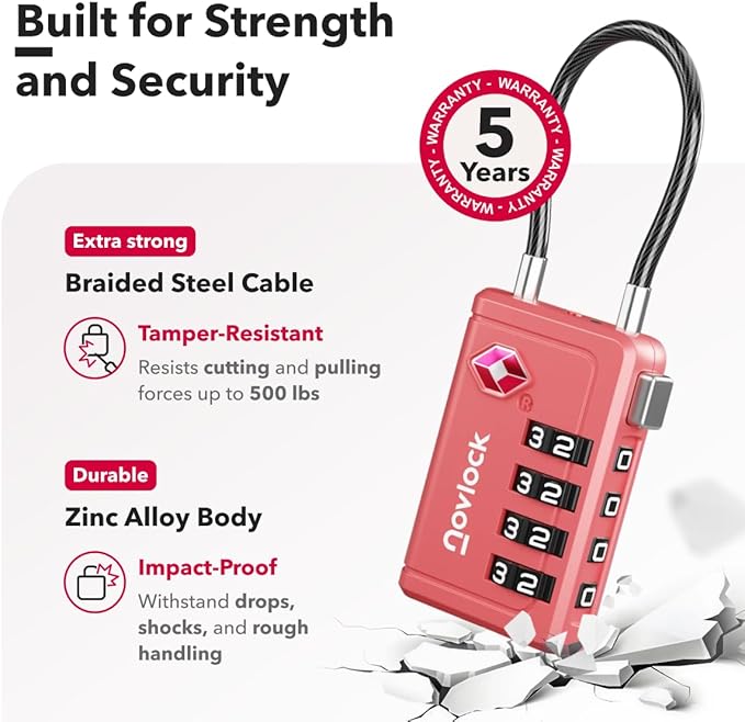 TSA Approved Luggage Locks | Inspection Indicator, 4-Digit Combination, Durable Zinc Alloy | for Suitcases, Backpacks, Travel Bags | Pink, 2-Pack