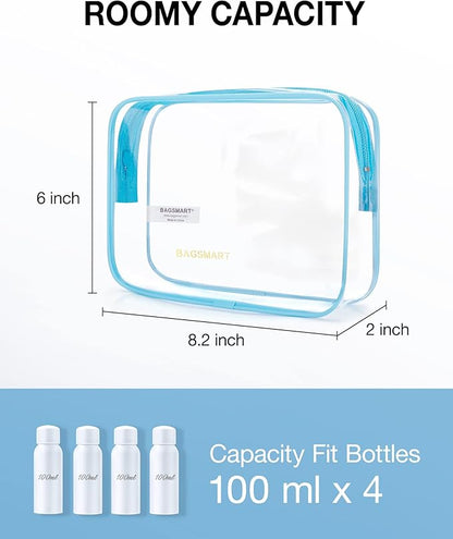 BAGSMART Clear Toiletry Bag, 2 Pack TSA Approved Travel Toiletry bag Carry on Travel Accessories Bag Airport Airline Quart Size Bags Water Repellent Makeup Cosmetic Bag for Women (Blue-2Pcs)