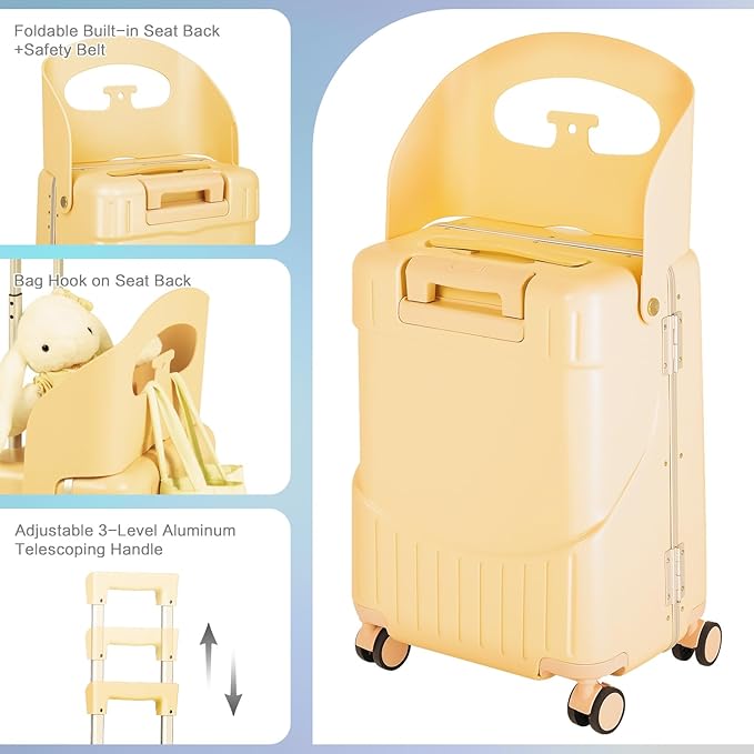 smilesun 20" Carry On Luggage with Seat For Kids & Adults，Hardside Ride On Suitcase with 360°Spinner and TSA Lock For Travel (Yellow, 20")