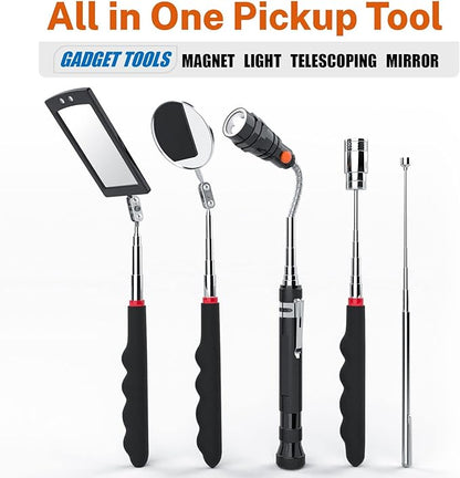 Telescoping Magnetic Pickup Tool Set with 1 & 15 lb Pick Up Sticks, Round and Square 360 Adjustable Inspection Mirror and Flexible LED Flashlight, Birthday Gifts for Men, Dad