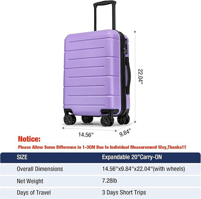 KYME Carry On Luggage 22x14x9 Airline Approved with TSA Lock Hardshell Expandable 20 Inch Suitcase Carry On Suitcase with Wheels Small Travel Rolling Luggage with Cup Holder for Women Lt Purple