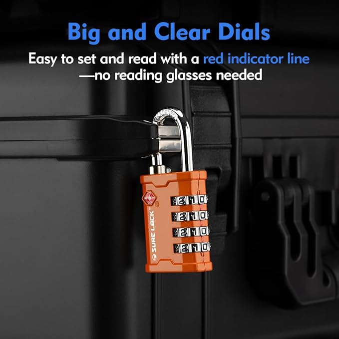 SURE LOCK TSA Accepted 4 Dig Heavy Duty Big Combination Luggage Padlock All Metal Travel Lock for Equipment Hard Case Luggage Gun Case Gym Locker Pelican Vault Lock (2, Orange)