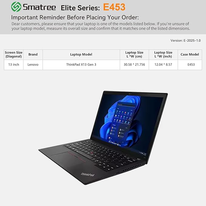 Smatree Laptop Sleeve for 13 inch Lenovo ThinkPad X13 Gen 3,Case with Accessory Pocket,YKK Zipper,Patented Shockproof Design(E453)