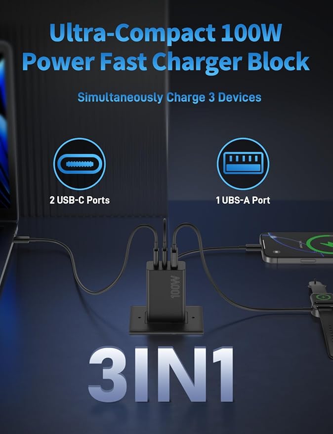 2Pack 100W USB C Charger Block, 3Port Fast Charging Adapter, Type C Fast Charging Blocks Cube PD USBC Wall Plug+QC3.0 USB A Charger Brick for MacBook Pro/Air,iPad,iPhone 17/16,Samsung S25 &More-Black