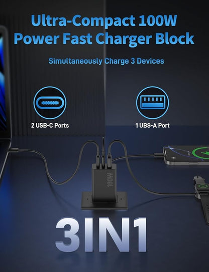 2Pack 100W USB C Charger Block, 3Port Fast Charging Adapter, Type C Fast Charging Blocks Cube PD USBC Wall Plug+QC3.0 USB A Charger Brick for MacBook Pro/Air,iPad,iPhone 17/16,Samsung S25 &More-Black