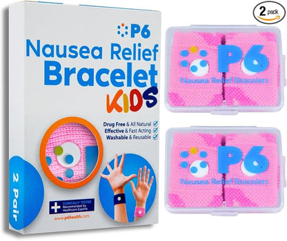 P6 Motion Sickness Bands for Kids Children’s Wristbands for Anti Nausea Sea Cruise Travel Car Sickness All-Natural Non Drowsy Relief Acupressure Treatment (2 Pack, Pink - Pink)