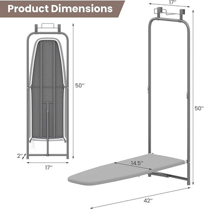 COSTWAY Over The Door Ironing Board, Space-Saving Metal Hanging Ironing Board with Iron Holder & Cotton Cover, Compact Fold Down Iron Stand for Home, Apartment, Laundry Room, Dorm, Gray