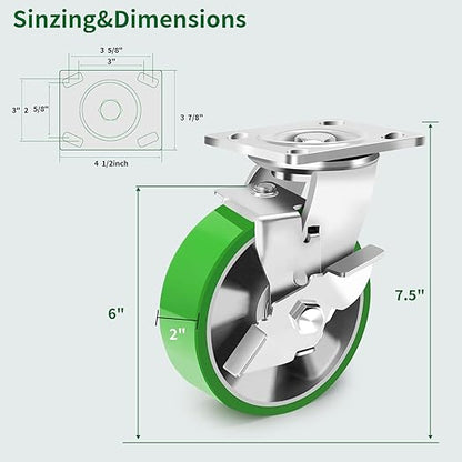 6 Inch Industrial Swivel Casters with Brake, Heavy Duty Industrial Grade Caster Set of 4, Maintenance-Free Aluminum Core PU Wheels 5000 LBS, Durable Casters Wheels for Industrial, Equipment