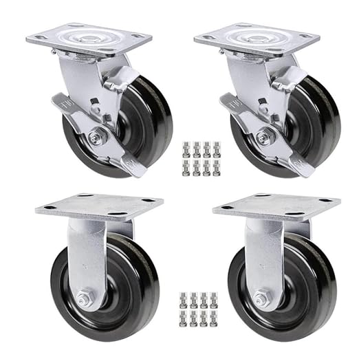 Heavy Duty Casters - Industrial Casters Phenolic Caster with Strong Load-Bearing Capacity 3000-6000 LB,Used in Furniture,WorkBrench,Tool Box, Equipment (5" Rigid+Brake, pcs, 4)