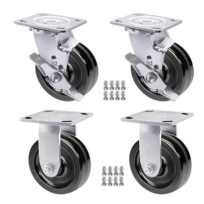 Heavy Duty Casters - Industrial Casters Phenolic Caster with Strong Load-Bearing Capacity 3000-6000 LB,Used in Furniture,WorkBrench,Tool Box, Equipment (5" Rigid+Brake, pcs, 4)