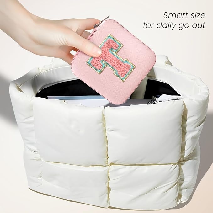 SANDJEST Personalized Jewelry Box, Pink Travel Jewelry Box with Initial T, Small Monogrammed Jewelry Case Organizer for Girls Women Teen Kids, Mini Travel Essentials Gifts for Birthday Christmas