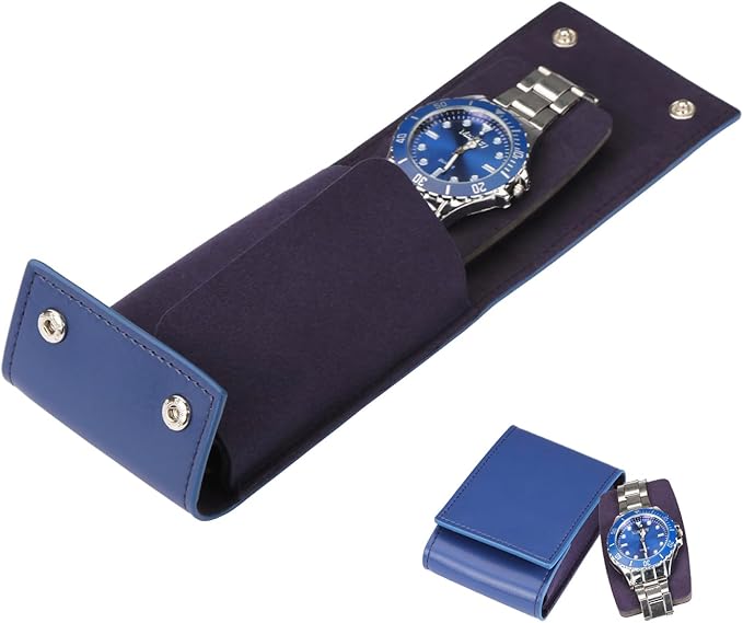 Travel Watch Case - Leather Watch Pouch with Velvet Lining, Single Case, Unisex | Business Travel and Office Christmas Gift (Blue)