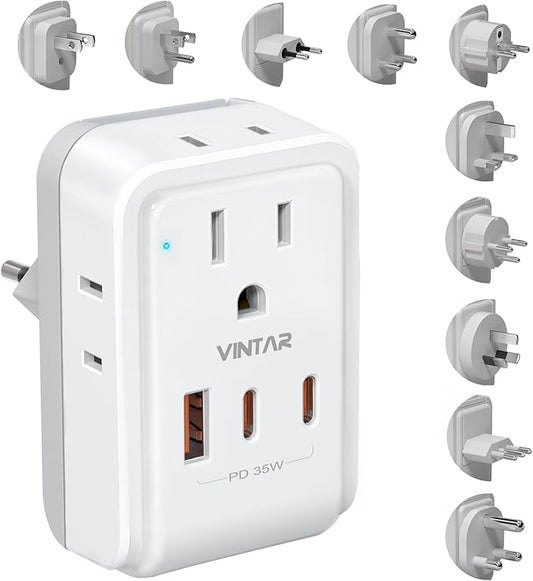 Universal Travel Adapter Kit, VINTAR PD 35W International Power Adapter with 4 AC and 3 USB Ports(2 USB-C), Type A,B,C,D,E/F,G,H,I,L,M Detachable Attachments, Travel Adapter Worldwide for EU/UK/Africa