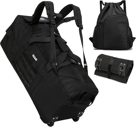 80L Waterproof Rolling Duffel Bag with Quick-Release Straps, Military Tactical Wheeled Foldable For Deployment Traveling Camping Sporting (Black+Drawstring bag)