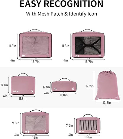 ECOHUB 7 Set Packing Cubes Tear-Resistant Luggage Packing Organizers with Number Icon for Travel Accessories Luggage Suitcase Machine Washable Packing Cubes (Pink)
