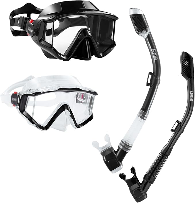 Aegend Snorkeling Gear for Adults Youth Kids, Dry Snorkel Set Panoramic View Enhanced Anti-Leak and Anti-Fog Technology, Adjustable Strap for Snorkeling Scuba Diving Swimming with Mesh Bag