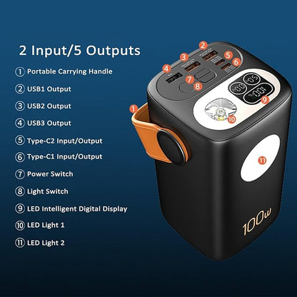 100000mAh Portable Charger Super Capacity Power Bank+ Built-in Cables, with LED Light, 4 Outputs, 3 Inputs for iPhone, Samsung, Android, etc