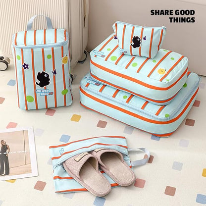 Striped Travel Organizer Bag Set with Cute Cat Design - 5-Piece Portable & Waterproof Packing Cubes for Luggage Clothing & Toiletries (Blue Cat)