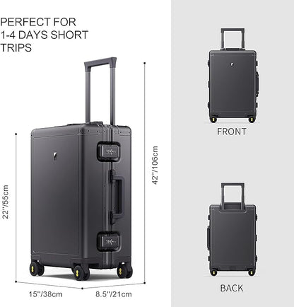 LEVEL8 Gibraltar Aluminum Zipperless Luggage 20 Inch, Hardside Carry on Suitcases with Wheels Tsa Lock, 8 Spinner Wheels, Dark Grey