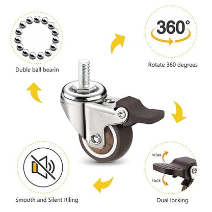 1.5" M6x15 Stem Casters Bolt Threaded Wheels,TPR Mute Rubber Swivel Single Caster Screws in Wheel Small with 2 Brake Locks-Brown