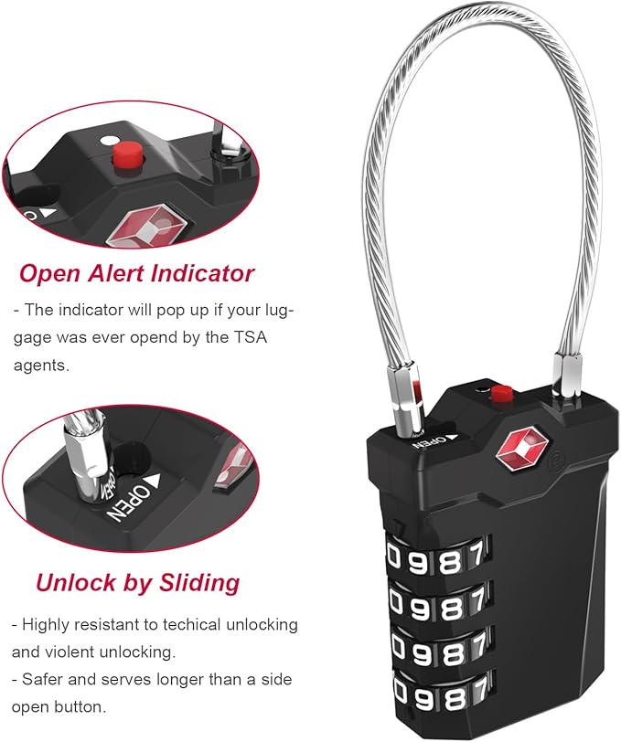 ZHEGE TSA Approved Luggage Lock, Travel Lock, 10,000 Combination Options, 5.5in Flexible Cable, Easy to Use, Secure & Solid, Suitable for Suitcase, Backpack, Briefcase (1 Pack, Black)