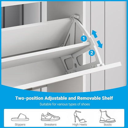 Narrow Shoe Storage Cabinet - Slim Shoe Cabinet with 2 Flip Drawers White Shoe Organizer Cabinet for Entryway & Front Door Entrance