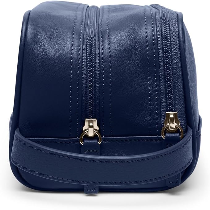 Leatherology Navy Blue Leather Toiletry Bag – Small Double Zip Dopp Kit – Full Grain Leather Travel Organizer with Water-Resistant Lining – Compact Grooming Bag for Men or Women