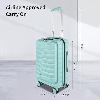 22×14×9 Airline Approved Carry On Luggage with Front Open Pocket Expandable, Spinner Wheels, ABS+PC Hardshell Small 20inch Suitcase with Protective Cover and Luggage Tag, Mint Green