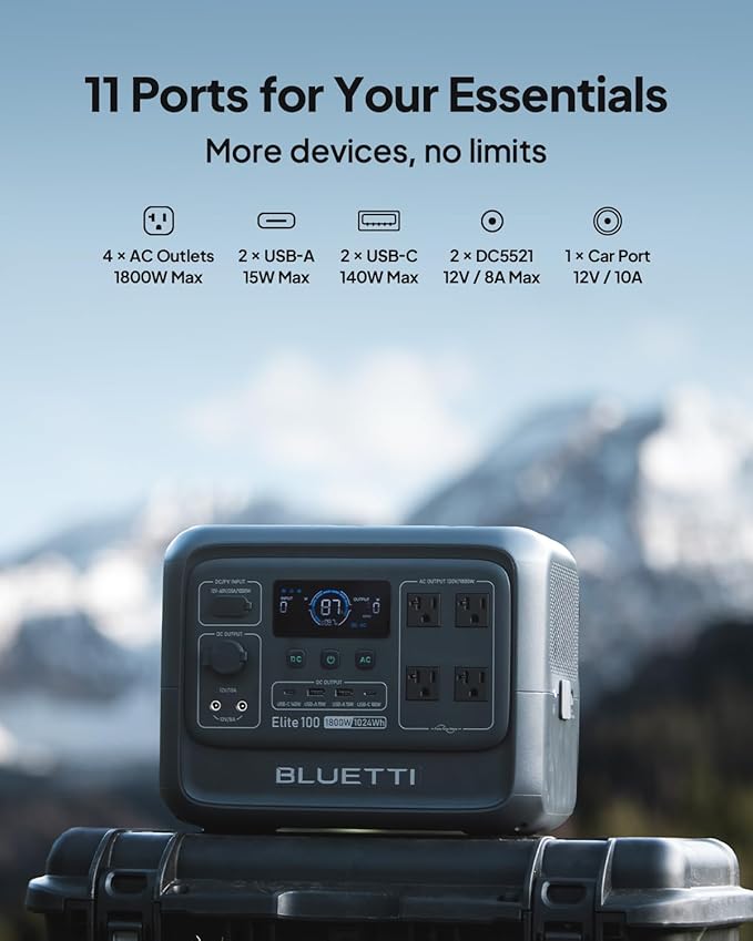 BLUETTI Elite 100 V2 Solar Generator and Solar Charging Cable, 1024Wh LFP Battery Portable Power Station w/ 4 1800W AC Outlets (3600W Surge) Backup, 35% Smaller for Camping, RV, UPS, Outages