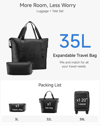 Carry On Luggage with Laptop Compartment, H1F 22x14x9 Airline Approved Front Pocket Hardside Suitcase with Spinner Wheels, TSA Lock, Includes Tote Bag（FX-Lite,Black,3 Piece Sets）