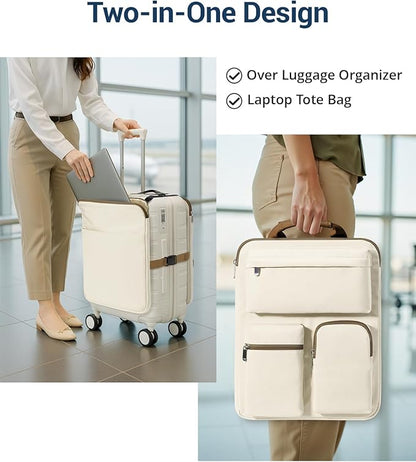 Over Luggage Organizer Bag for Suitcase with Multi Pockets, 16”Laptop Bag with Handle, Portable Travel Organizer Bags for Luggage with Adjustable Strap, Tote Carry Bag for Men Women(Beige)