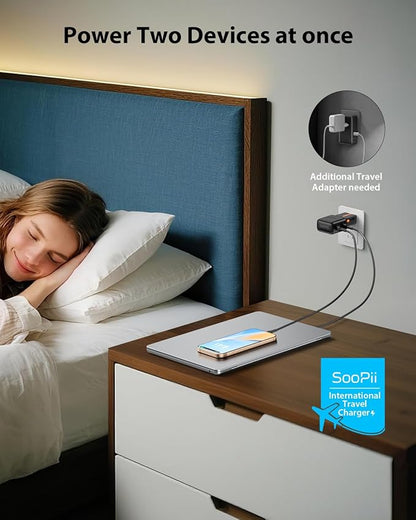 SooPii Universal Travel Adapter, 65W GaN Power Adapter with 2 USB-C Ports,International Power Adapter,Travel Charger with US/UK/EU/AU Plug for iPhone 16/15, Galaxy S25/S24, iPad, etc.