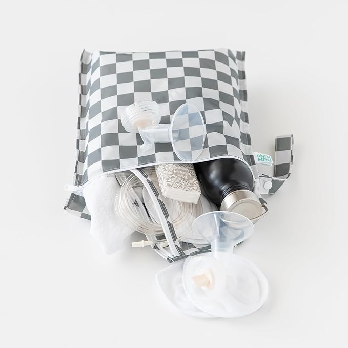 Bumkins - Waterproof Wet Bag & Wet/Dry Clutch Bags - For Beach, Baby, Travel, Swim Suit, Cloth Diapers, Pump Parts, Pool, Gym, Toiletries - Reusable & Easy to Clean - Gray Check - 2 Pack