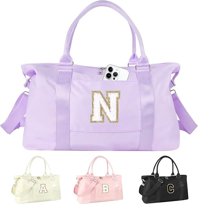 Dance Gym Duffel Bag for Teen Girls, Personalized Initial Travel Weekender Bag,Cute Overnight Carry On Duffle for Women,Sports Travel Cheer Bag,Monogram Christmas Gifts for Tween Preppy(purple-N)