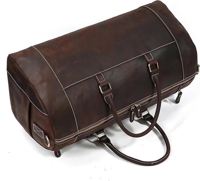 Full-grain Genuine Leather Travel Bag Large Capacity Duffel Luggage Bag with Shoe Compartment, Men Women Shoulder Handbag for Weekend Holiday Business Trip