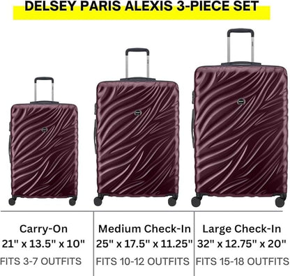 DELSEY PARIS Alexis Hardside 3-Piece Set, Expandable Luggage with 4 Spinner Wheels, Lightweight Suitcase, 21" Carry-On, 25" Checked Medium, 29" Checked Large, Burgundy