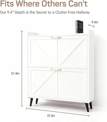 Shoe Storage Cabinet for Entryway with 2 Flip Drawers, Narrow Metal Shoe Cabinet with Anti-Tip, Holds 12-16 Pairs, Freestanding Shoes Cabinets Storage for Entryway, Foyer, Hallway (White)