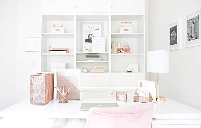BLU MONACO Rose Gold Desk Organizer Set | 5-Piece Metal Desktop Organization Kit With File Holder, Magazine Rack, Pen Cup, Sticky Note Holder and Letter Sorter | Stylish Office Accessories