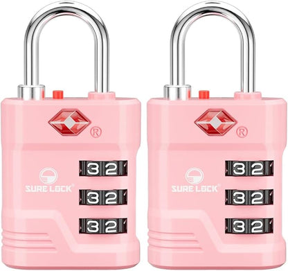 SURE LOCK TSA Locks for Luggage, TSA Approved Luggage Locks with Open Alert, 008 Key for High Security, Easy Read Dials, Zinc Alloy Body, Locker Lock for Suitcase, Gym, Travel.(Pink 2 pk)