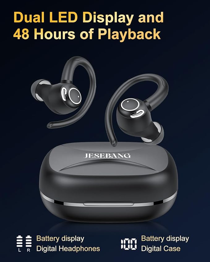 Wireless Earbuds, Bluetooth 5.4 Headphones Sport, Over Ear Buds With ENC Noise Cancelling Mic, 48H, Wireless Earphone With Earhooks, Stereo Deep Bass, IP7 Waterproof ear bud for Workout Running, Black