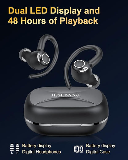 Wireless Earbuds, Bluetooth 5.4 Headphones Sport, Over Ear Buds With ENC Noise Cancelling Mic, 48H, Wireless Earphone With Earhooks, Stereo Deep Bass, IP7 Waterproof ear bud for Workout Running, Black