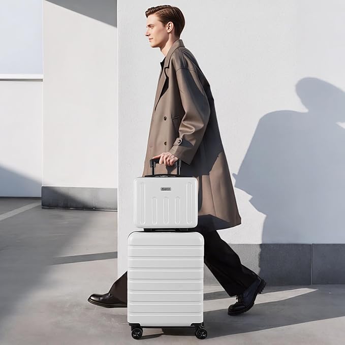 AnyZip Suitcase, 20" Carry On Luggage 14" Mini Cosmetic Cases Luggage Sets Hardside PC ABS Lightweight USB Suitcase with Wheels TSA for kids (2 Piece Set 14/20, White)