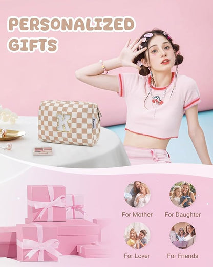 Narwey Birthday Gifts for Women Teen Girls Kids Personalized Initial Checkered Makeup Bag Cute Cosmetic Bag Trendy Stuff 6 8 10 11 12 13 14 16 18 Years Old Travel Toiletry Bag (Brown Letter K)